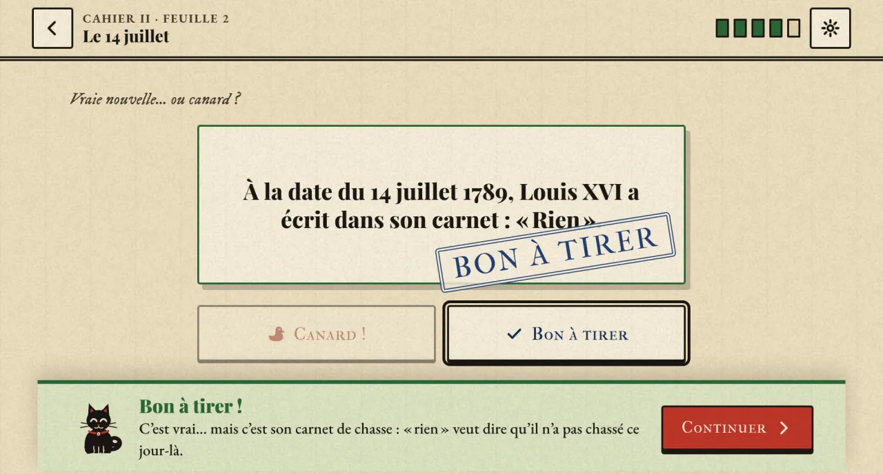 Vraie nouvelle ou canard : « À la date du 14 juillet 1789, Louis XVI a écrit dans son carnet : Rien », tamponné BON À TIRER