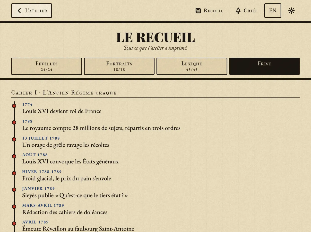 Le Recueil, onglet Frise : les événements du cahier I classés par date, de 1774 au 5 mai 1789