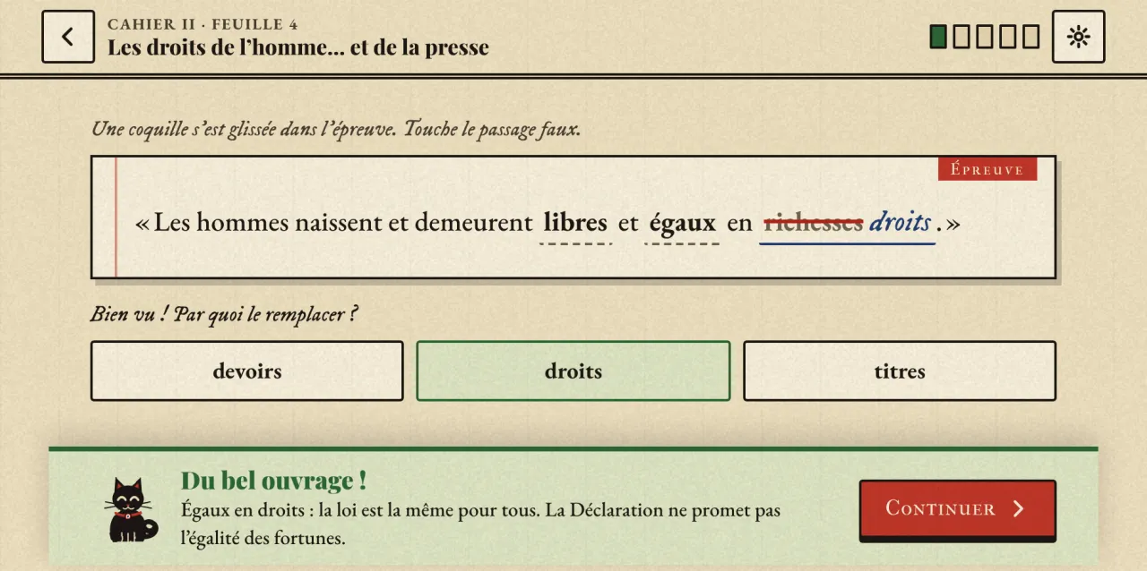 Épreuve corrigée : « Les hommes naissent et demeurent libres et égaux en richesses », le mot « richesses » barré et remplacé par « droits »