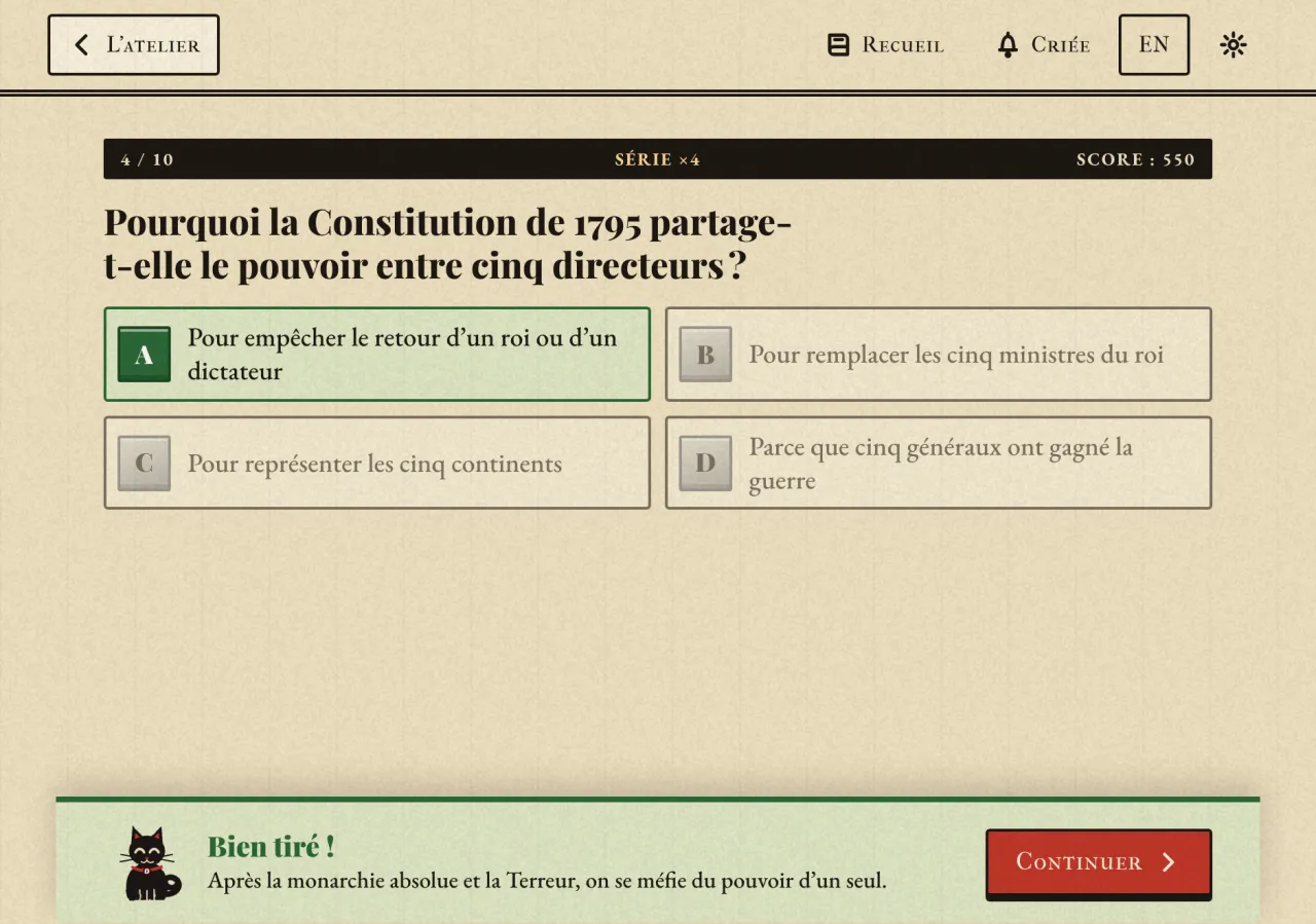 La criée : quatrième nouvelle sur dix, série de quatre bonnes réponses, une question sur les cinq directeurs de 1795