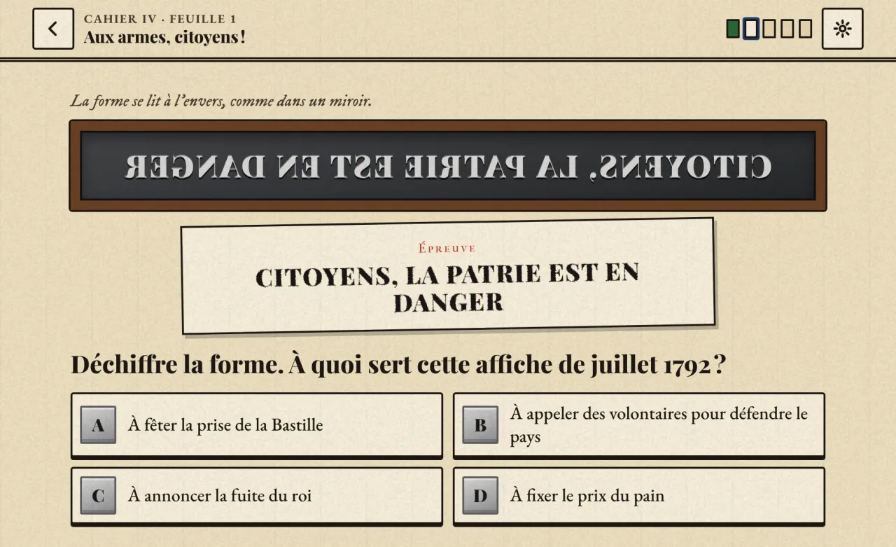 La forme « Citoyens, la patrie est en danger », en miroir dans son cadre, et l’épreuve tirée à l’endroit