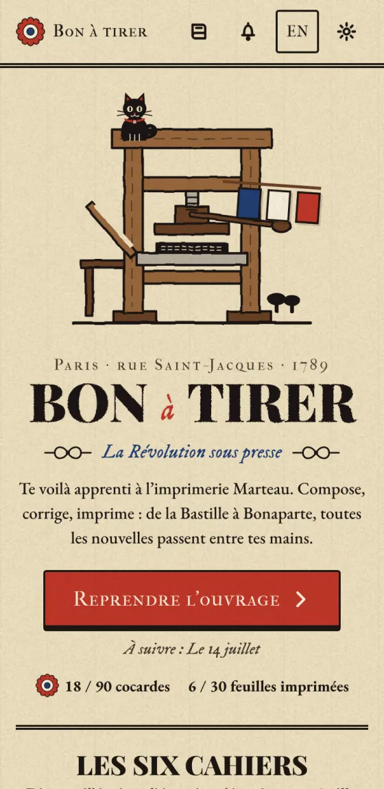 Bon à tirer sur téléphone : l’écran d’accueil, la presse et le bouton « Reprendre l’ouvrage »