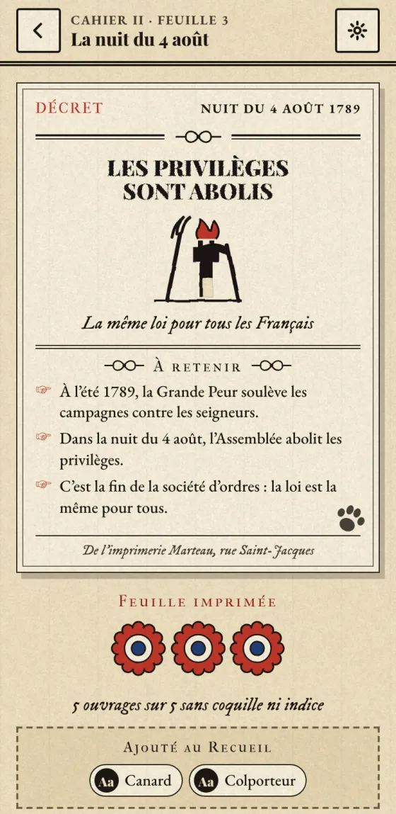 Sur téléphone : la feuille imprimée « Les privilèges sont abolis » et ses trois cocardes