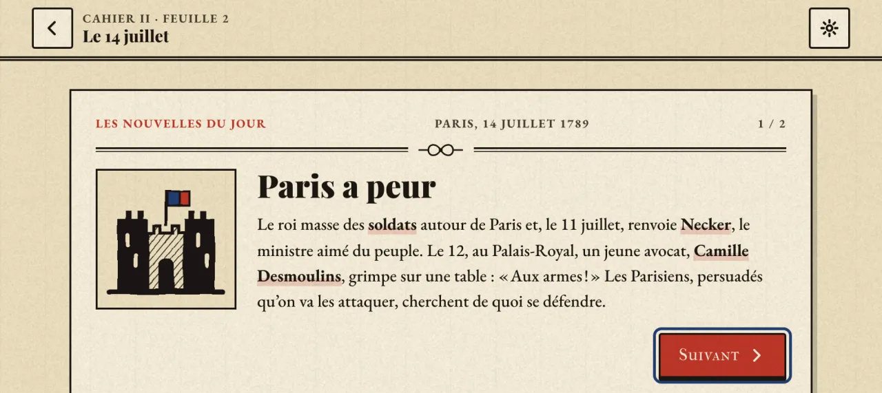 Les nouvelles du jour, Paris, 14 juillet 1789 : « Paris a peur », avec la gravure de la Bastille et les mots clés surlignés