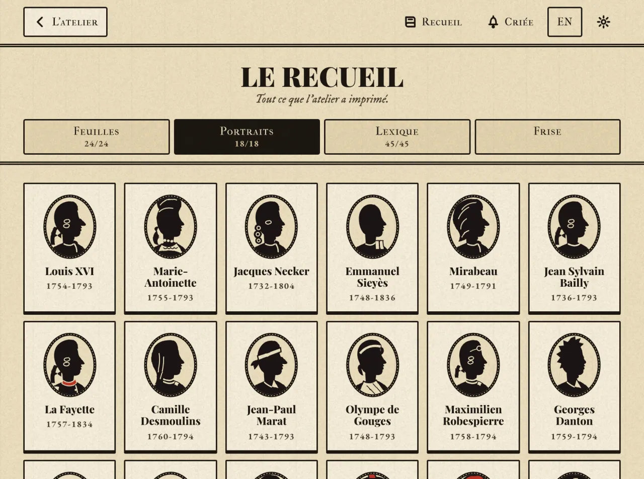 Le Recueil, onglet Portraits : les silhouettes de Louis XVI, Marie-Antoinette, Necker, Sieyès, Mirabeau, Bailly, La Fayette, Desmoulins, Marat, Olympe de Gouges, Robespierre et Danton