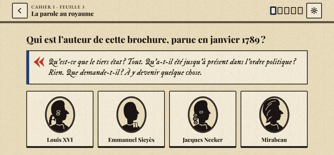 Qui est l’auteur de « Qu’est-ce que le tiers état ? » Quatre silhouettes : Necker, Mirabeau, Louis XVI, Sieyès