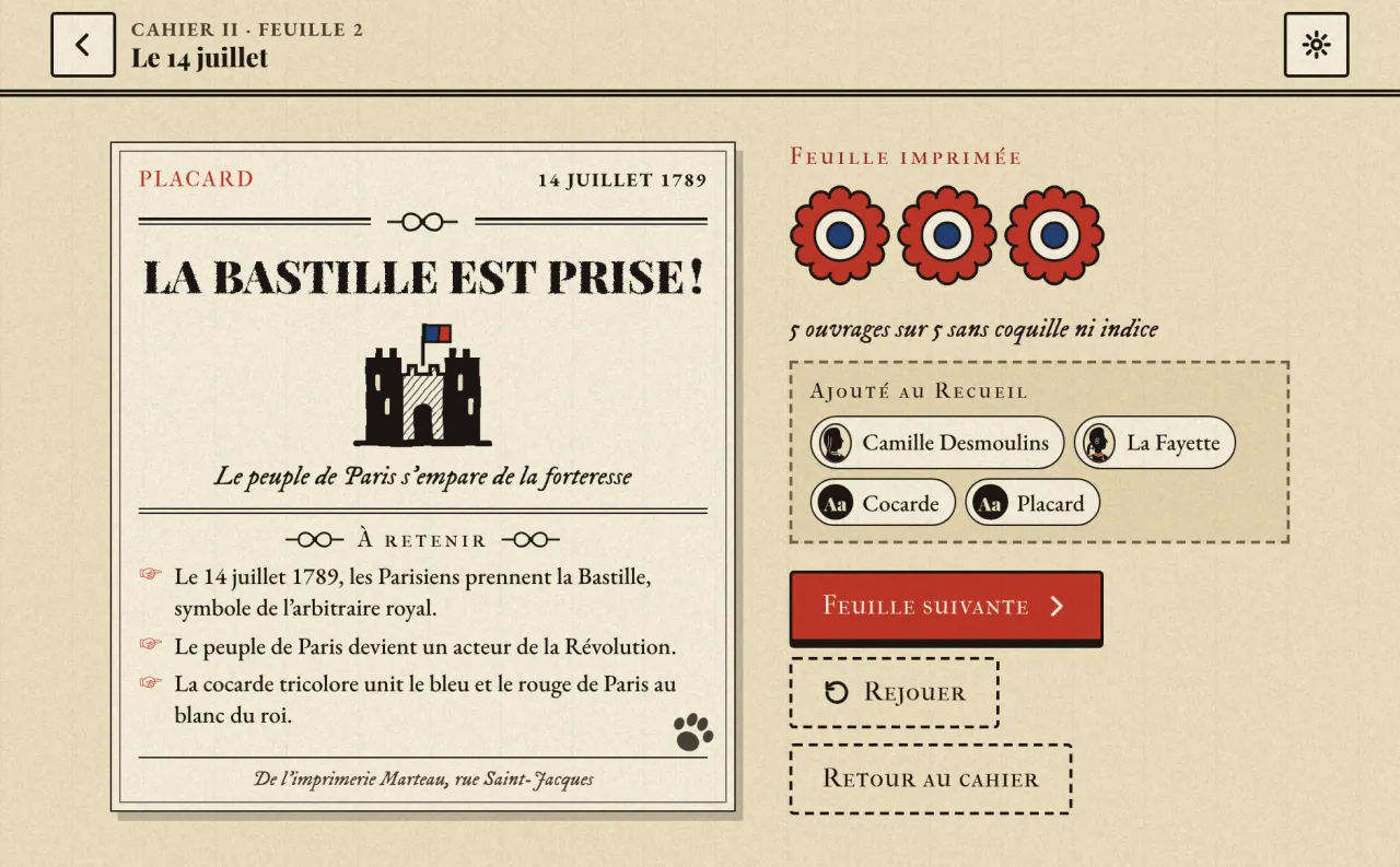 La feuille imprimée : le placard « La Bastille est prise ! », les trois choses à retenir, trois cocardes et les fiches ajoutées au Recueil