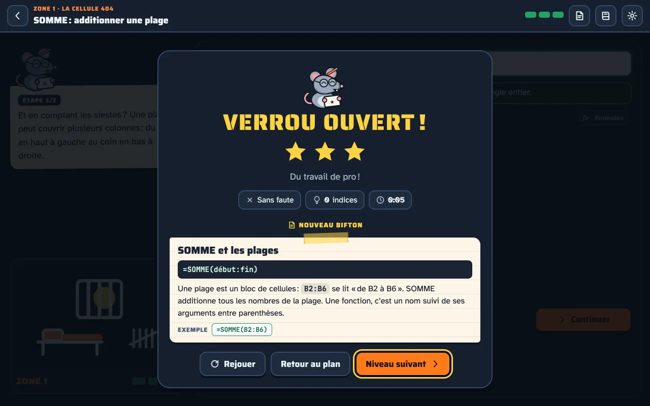 Fin de niveau : « Verrou ouvert ! », trois étoiles, sans faute, et le nouveau bifton « SOMME et les plages »