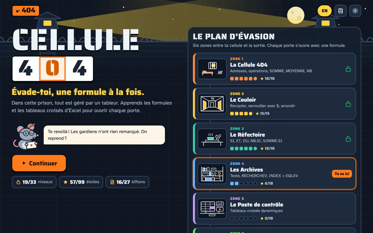 Le plan d'évasion d'un joueur arrivé aux Archives : trois zones franchies, 19 niveaux sur 33, 57 étoiles et 16 biftons