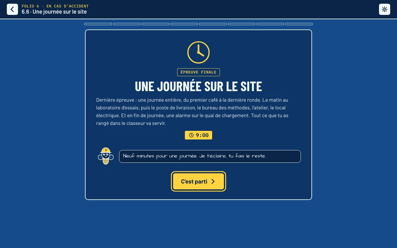 L’épreuve finale 6.6 « Une journée sur le site » s’ouvre : neuf minutes au compteur, et Watt qui éclaire