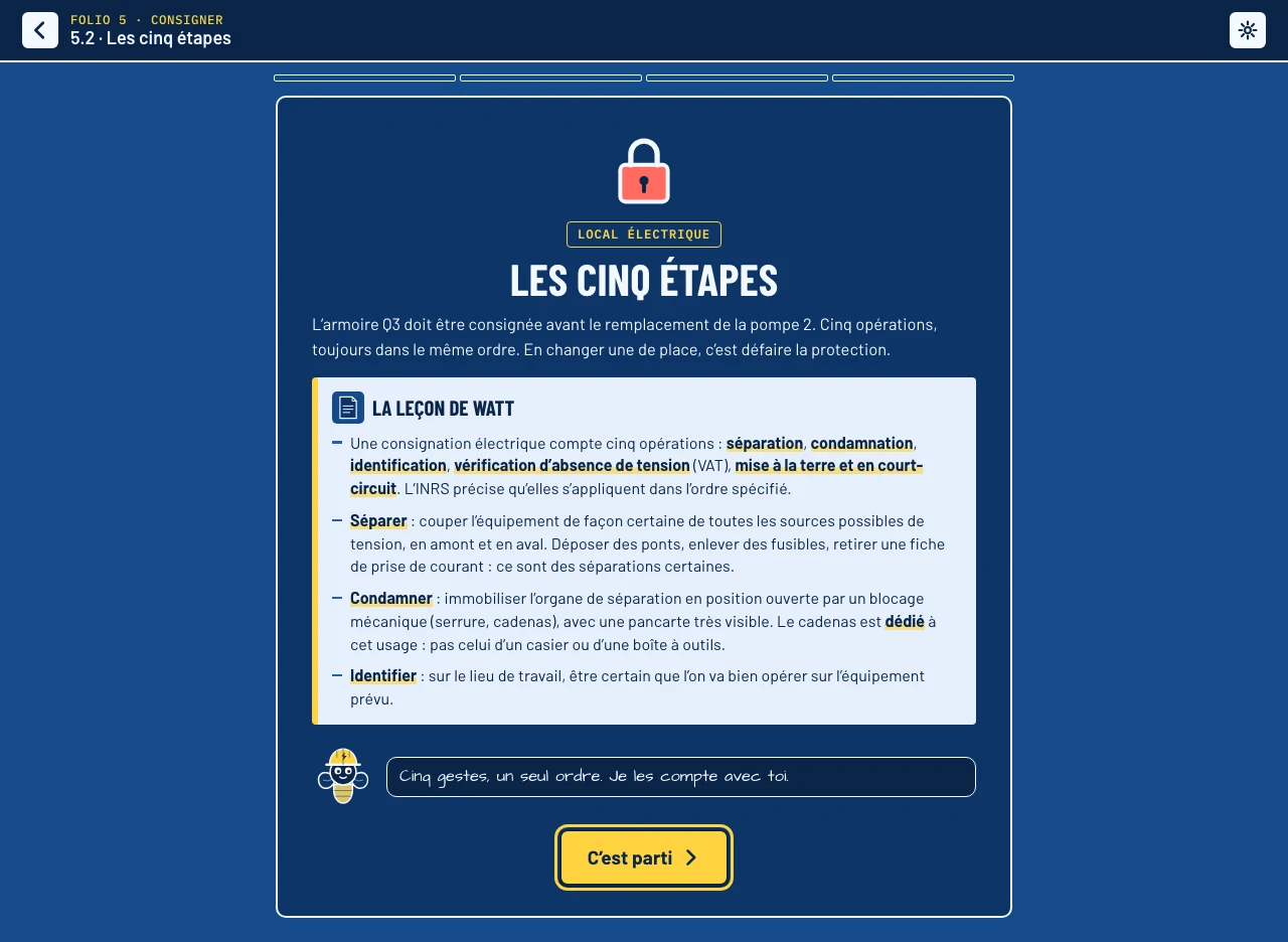 Le niveau 5.2 « Les cinq étapes » s’ouvre : l’armoire Q3 doit être consignée, puis la leçon de Watt détaille les cinq opérations