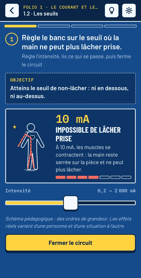 Sur téléphone : le circuit réglé sur 10 mA, « Impossible de lâcher prise »