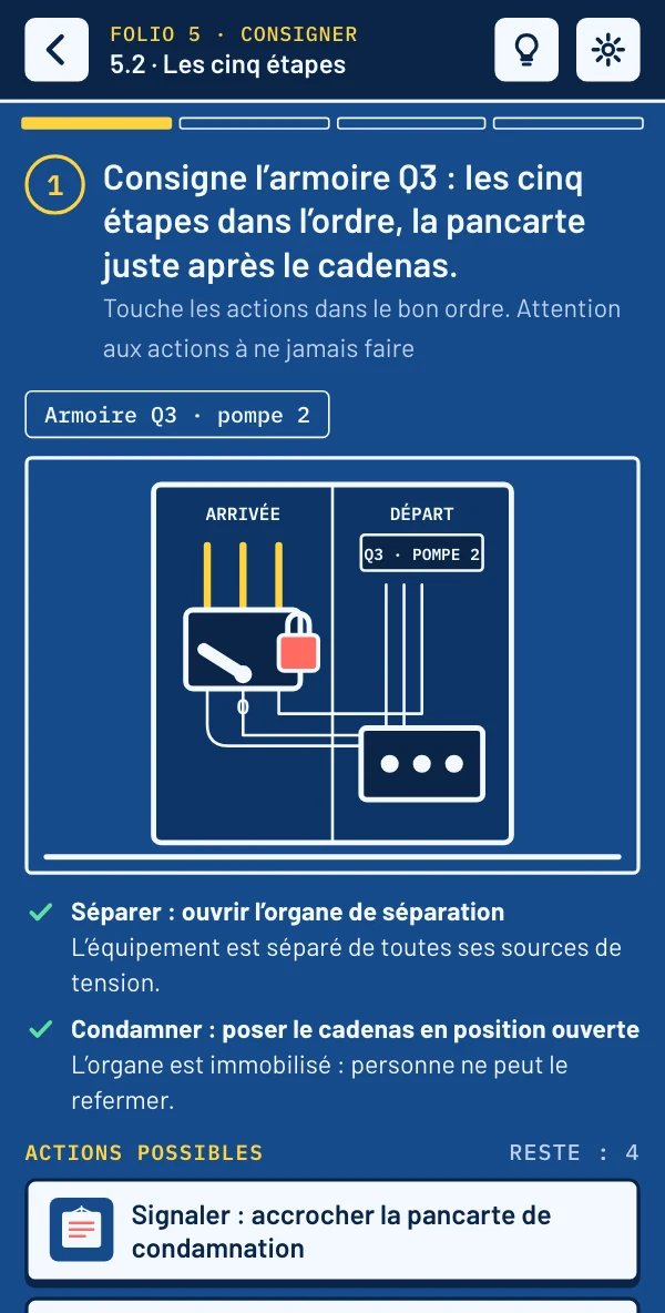 Sur téléphone : l’armoire séparée et condamnée, et les actions possibles sous le dessin