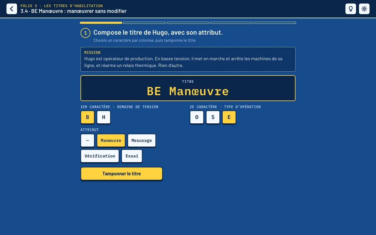 Niveau 3.4 « BE Manœuvre : manœuvrer sans modifier » : la mission de Hugo, la plaque affiche « BE Manœuvre », et les colonnes de caractères sous elle