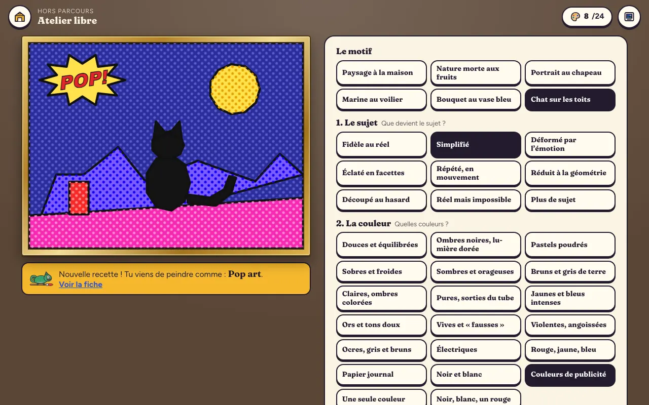 L’atelier libre : un chat sur les toits repeint en pop art. «&nbsp;Nouvelle recette ! Tu viens de peindre comme : Pop art.&nbsp;»