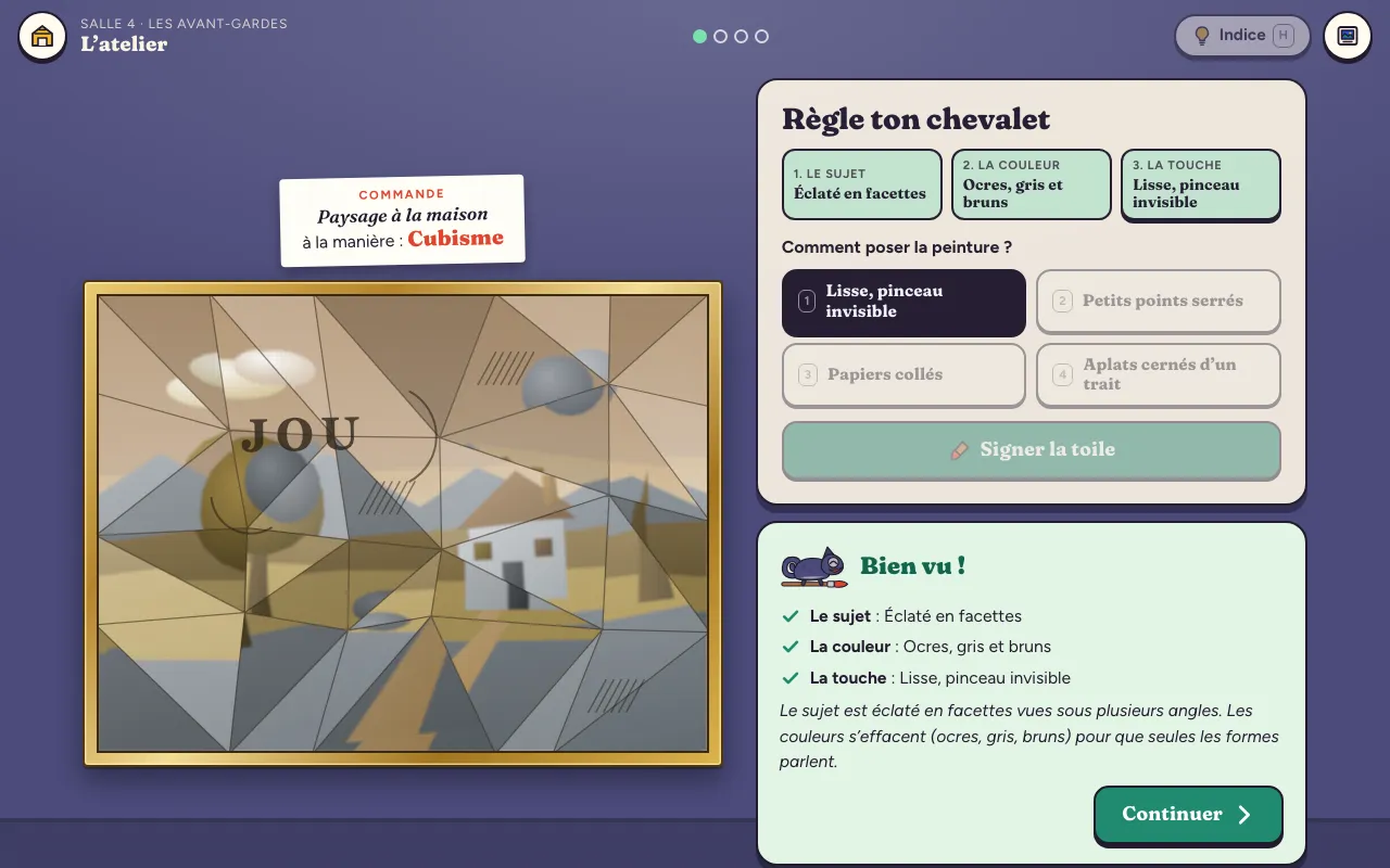 L’atelier de la salle 4 : un paysage à la maison peint à la manière du cubisme, en facettes ocres et grises, avec la recette validée