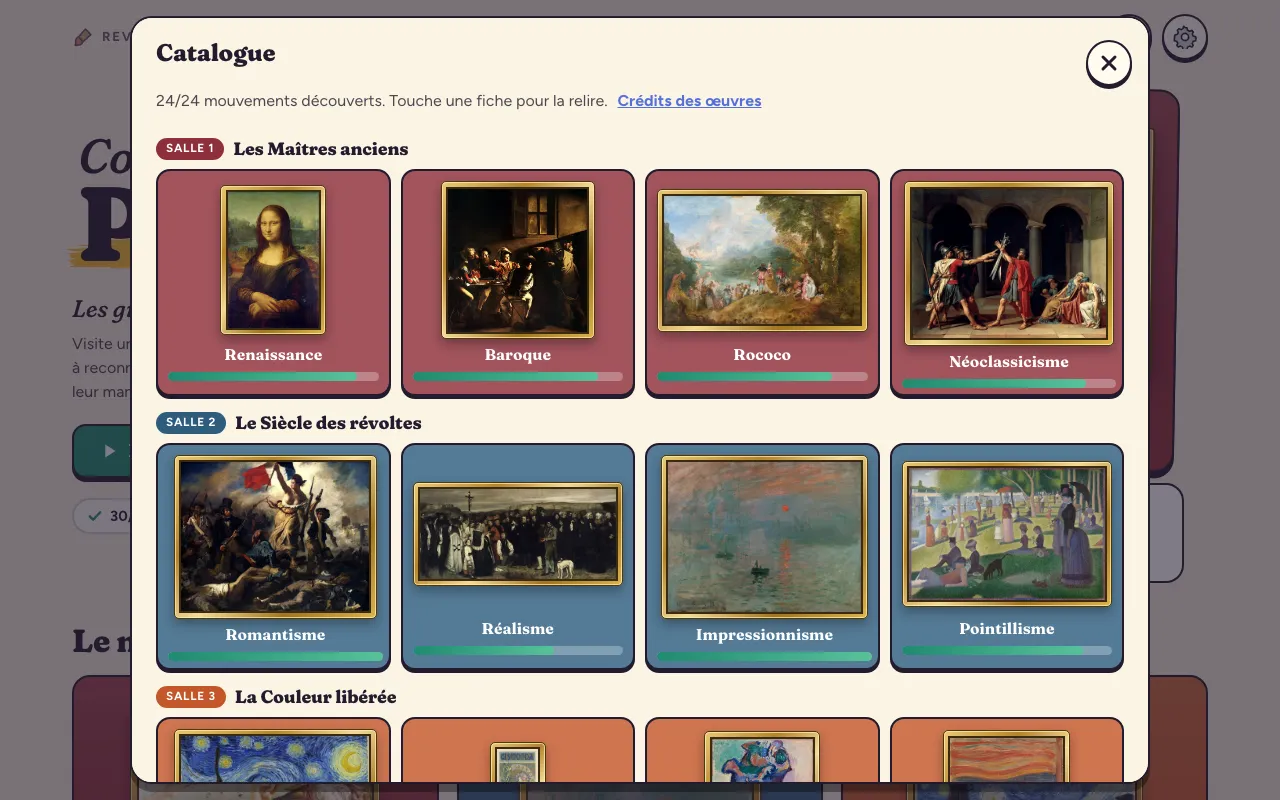 Le catalogue : les fiches des mouvements rangées par salle, chacune avec sa barre de maîtrise