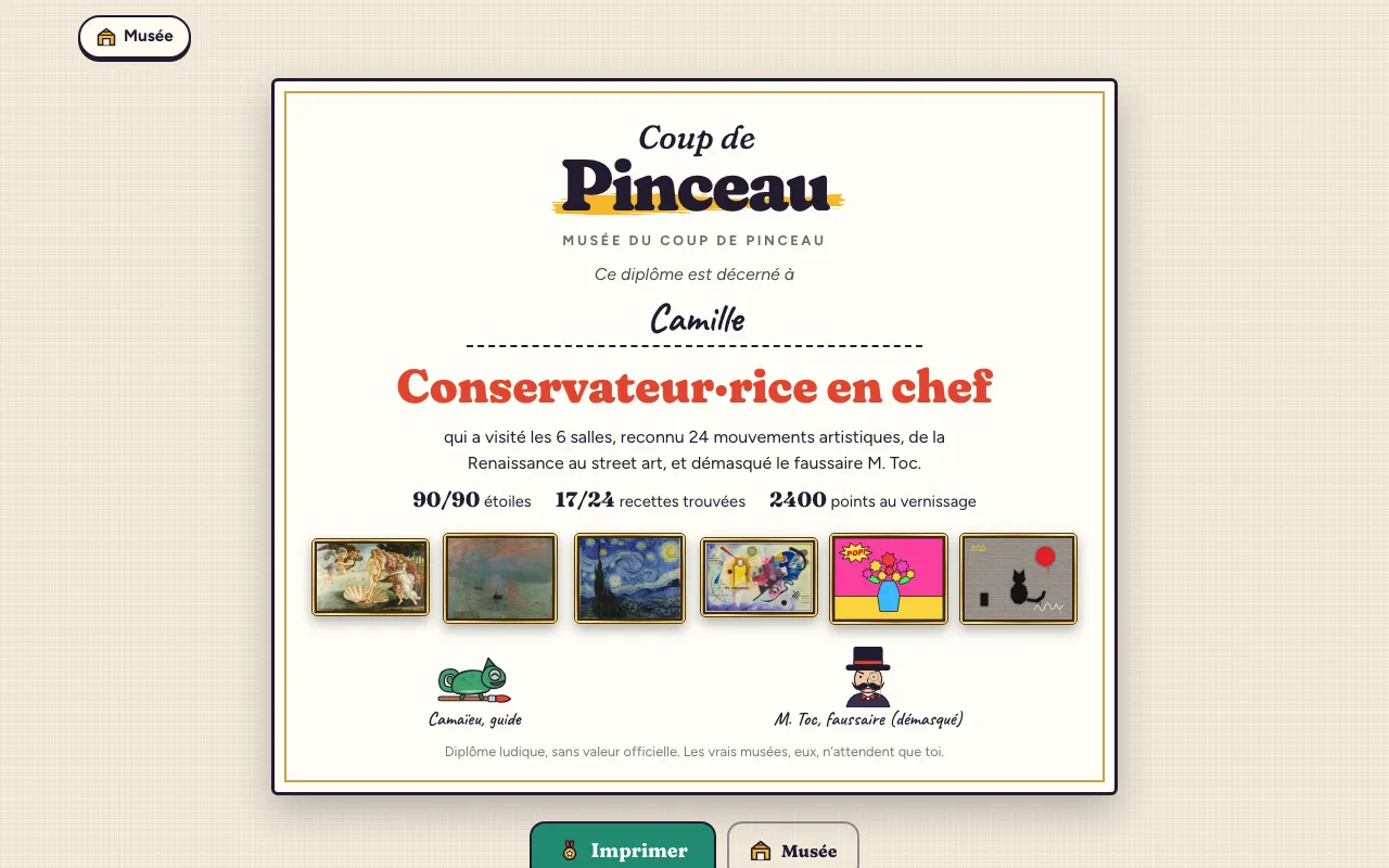 Le diplôme du musée du Coup de Pinceau, décerné à Camille, Conservateur·rice en chef, signé par Camaïeu et M. Toc