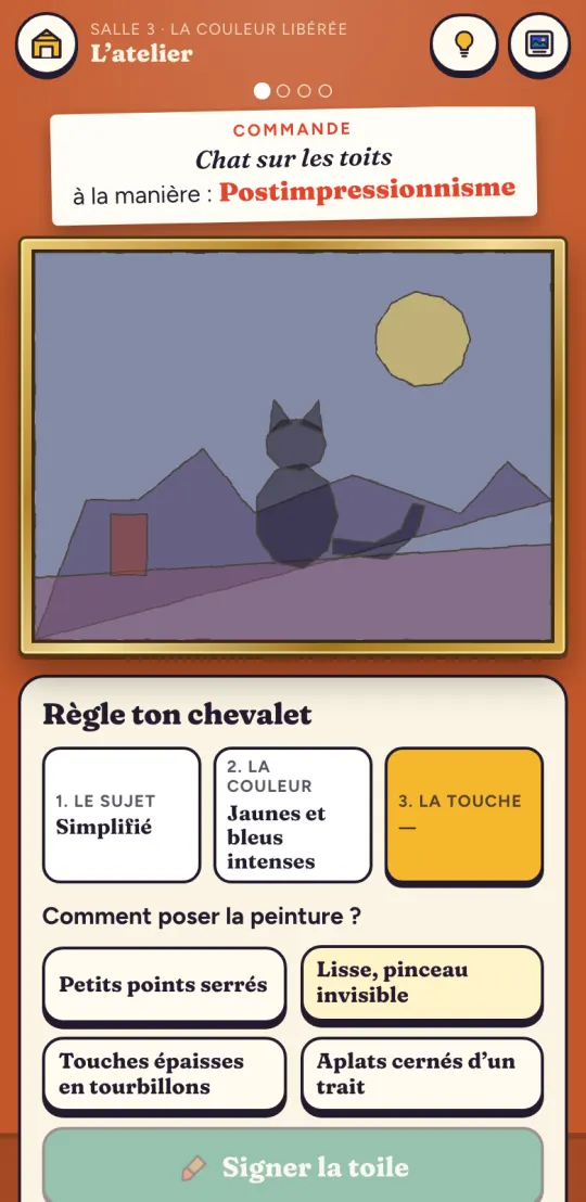 Sur téléphone : l’atelier de la salle 3, un chat sur les toits à peindre à la manière du postimpressionnisme