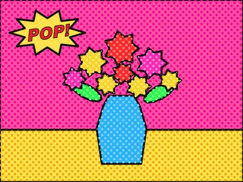 Bouquet au vase bleu, peint par le jeu à la manière du pop art