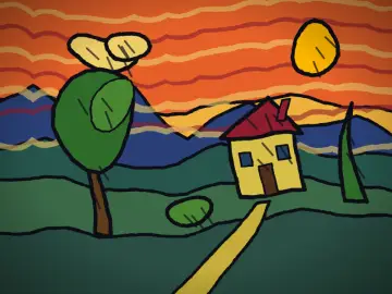 Paysage à la maison, peint par le jeu à la manière : Expressionnisme