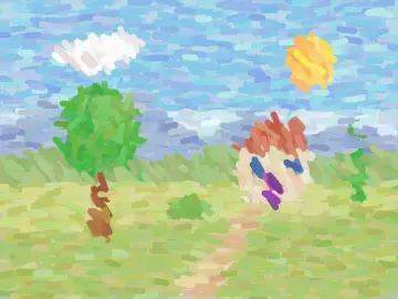 Paysage à la maison, peint par le jeu à la manière : Impressionnisme