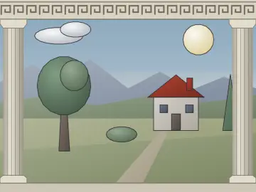 Paysage à la maison, peint par le jeu à la manière : Néoclassicisme