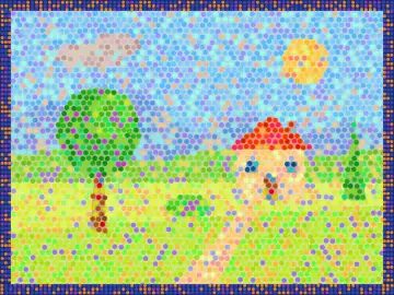 Paysage à la maison, peint par le jeu à la manière : Pointillisme
