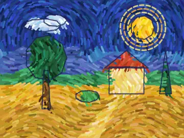 Paysage à la maison, peint par le jeu à la manière : Postimpressionnisme