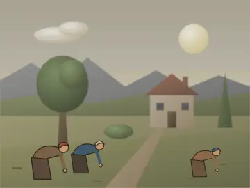Paysage à la maison, peint par le jeu à la manière : Réalisme