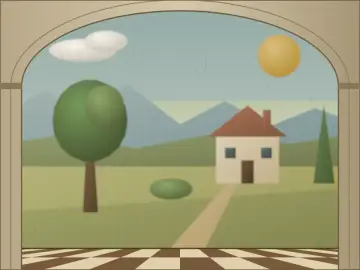 Paysage à la maison, peint par le jeu à la manière : Renaissance