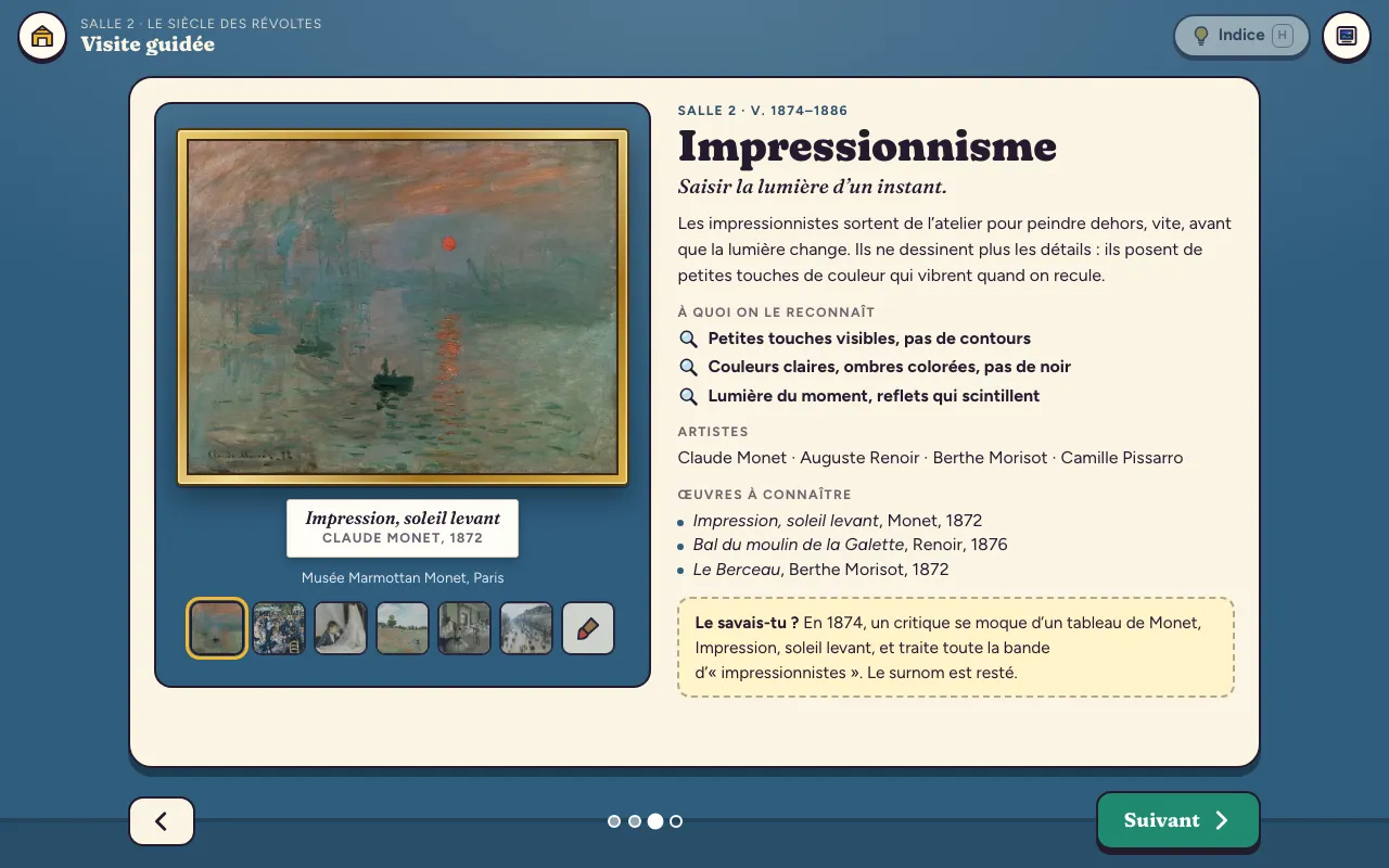 Visite guidée de la salle 2 : la fiche de l’impressionnisme, avec Impression, soleil levant de Monet, trois indices, les artistes et une anecdote