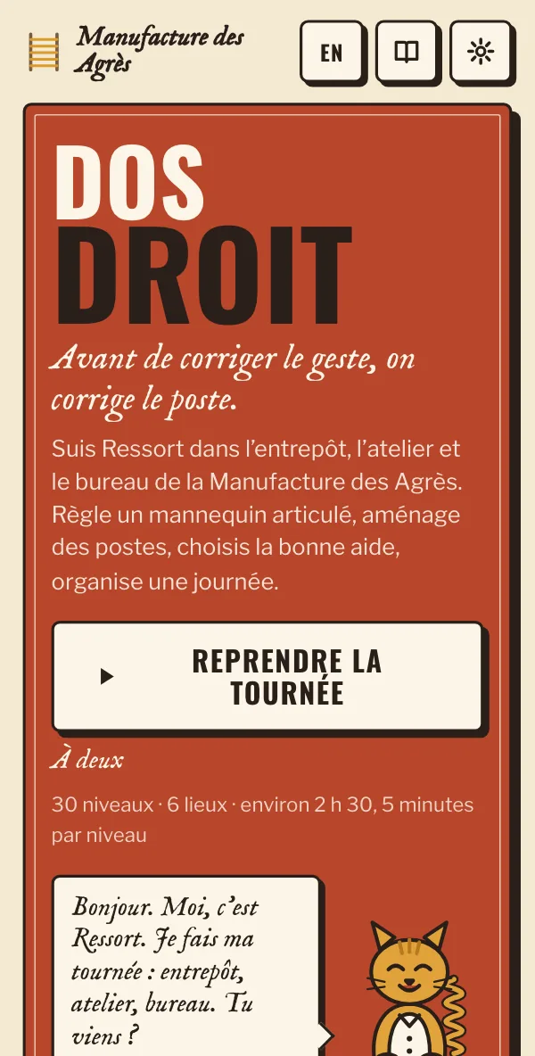 Dos Droit sur téléphone : l’affiche, le bouton « Reprendre la tournée » et Ressort