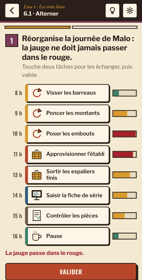 Sur téléphone : la journée de Malo, heure par heure, avec ses jauges de fatigue
