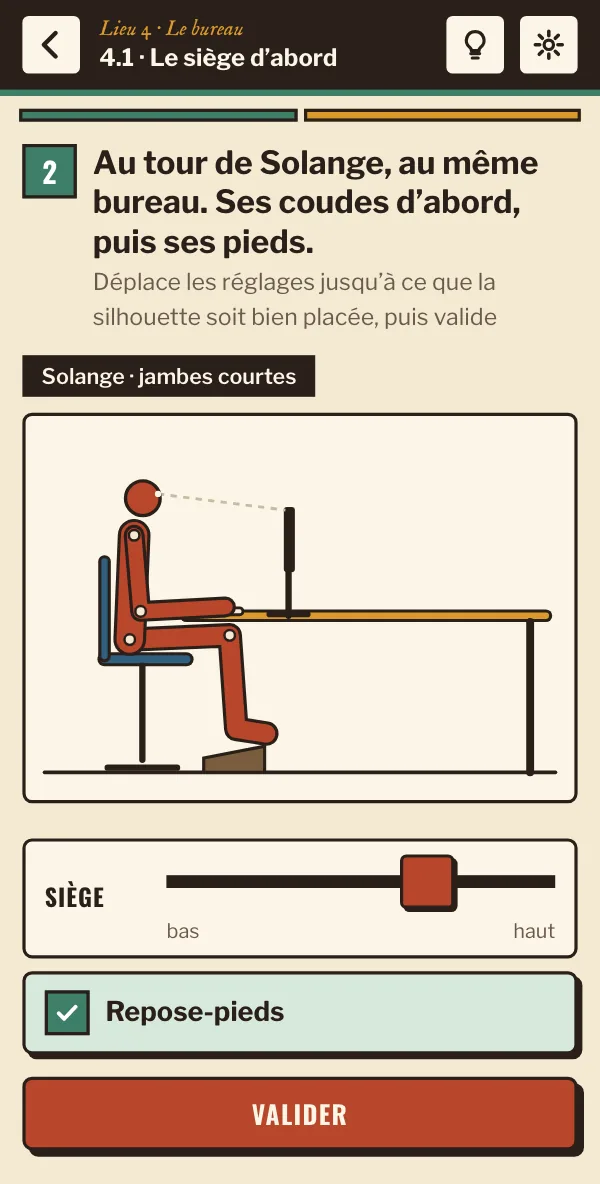 Sur téléphone : le poste de Solange, le siège monté et le repose-pieds ajouté