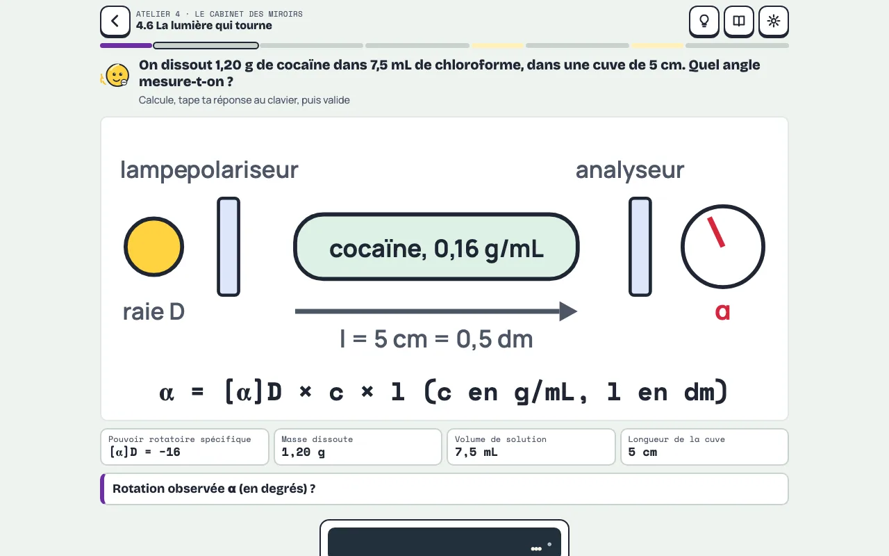Un calcul au polarimètre : la cuve, les valeurs, et le clavier pour taper le résultat