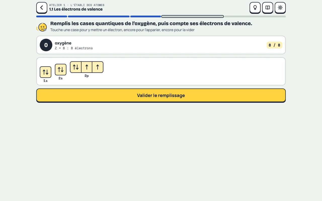 Les cases quantiques de l’oxygène remplies : 1s², 2s², 2p⁴, et le compteur 8 sur 8
