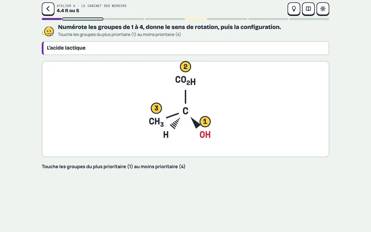 R ou S : les groupes d’un carbone asymétrique numérotés de 1 à 3 selon les règles CIP