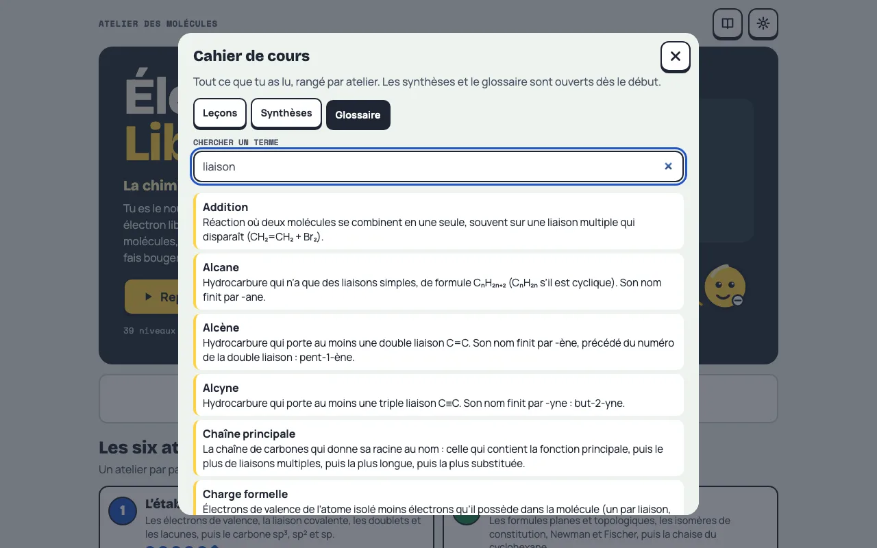 Le glossaire du cahier et sa recherche
