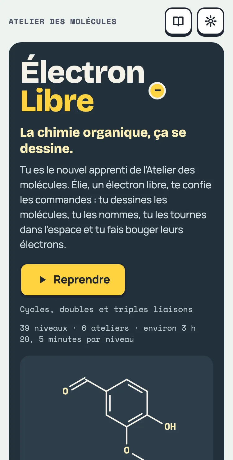 Électron Libre sur téléphone : le nom du jeu, le bouton « Commencer », Élie