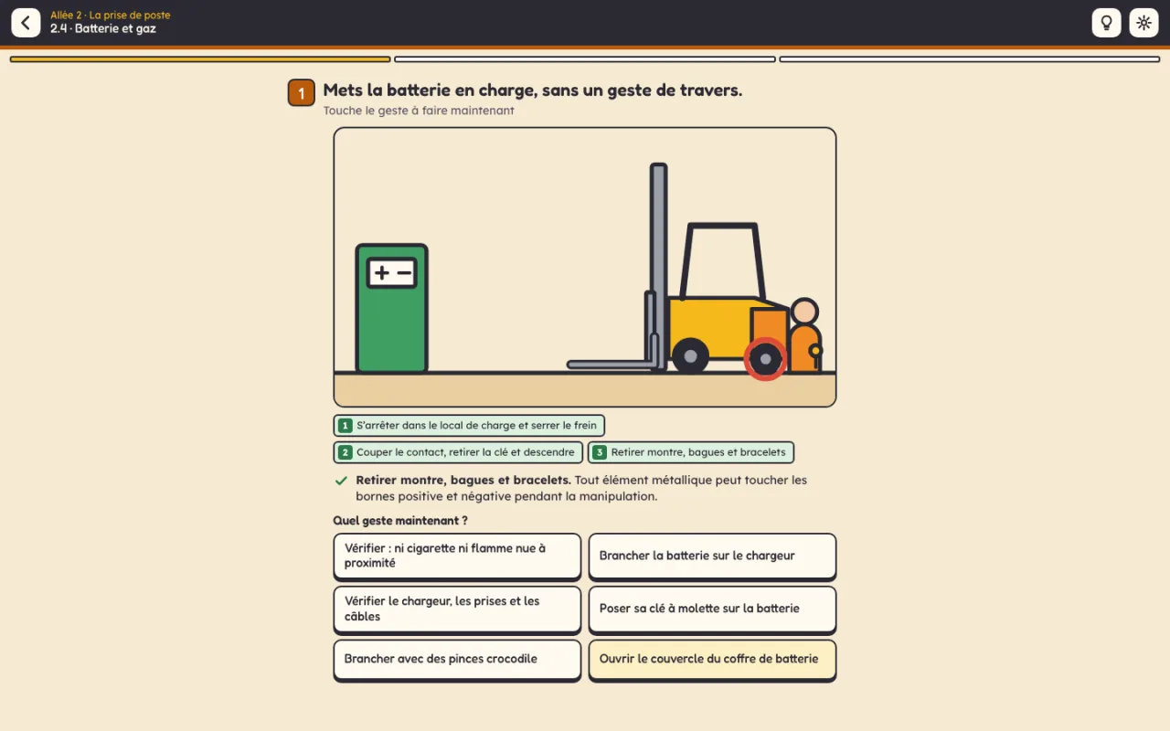 Niveau 2.4 « Batterie et gaz » : la mise en charge de la batterie, trois gestes faits, six gestes proposés dont des pièges