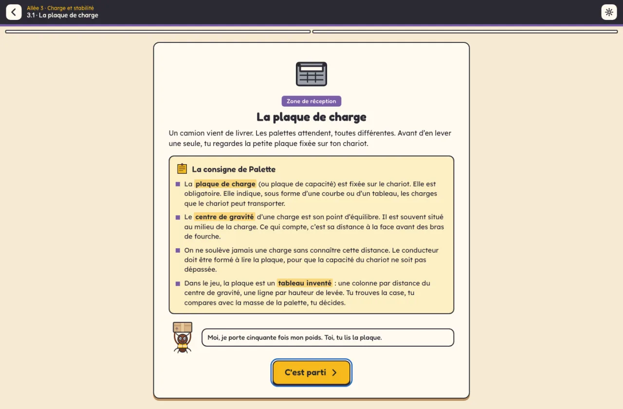 Le niveau 3.1 « La plaque de charge » s’ouvre : un camion vient de livrer, puis la consigne de Palette explique la plaque de charge et le centre de gravité