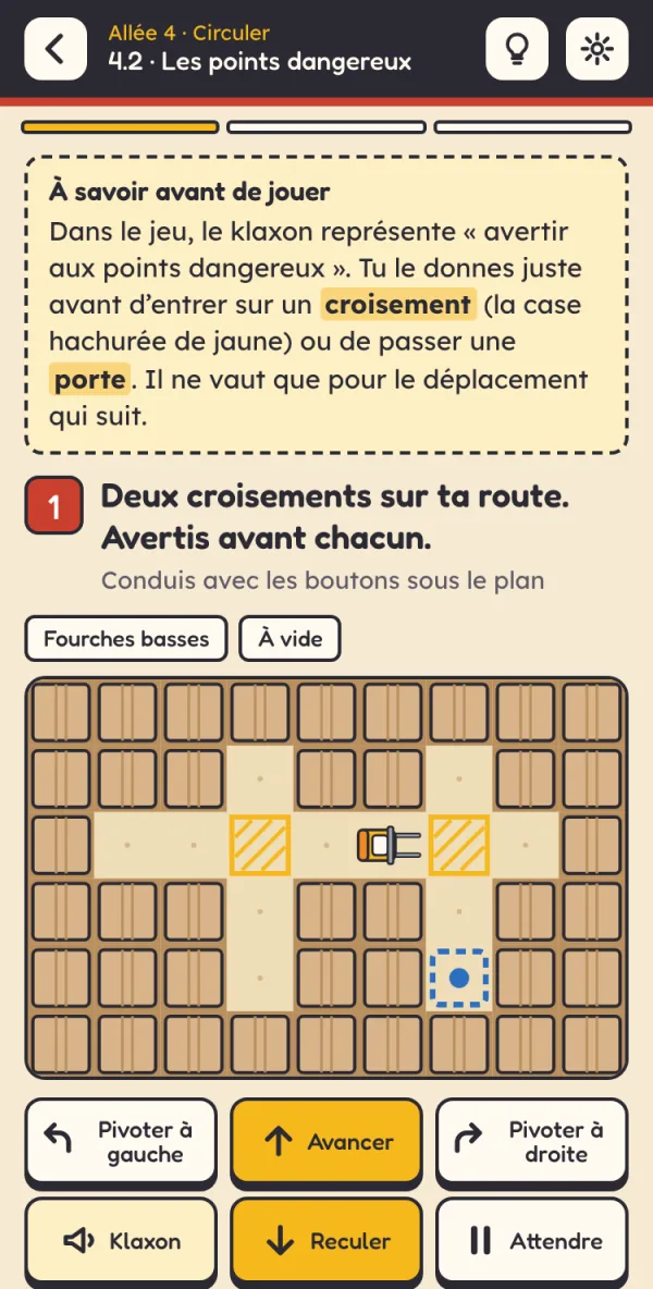 Sur téléphone : le plan de l’entrepôt et les boutons de conduite tiennent sur un seul écran