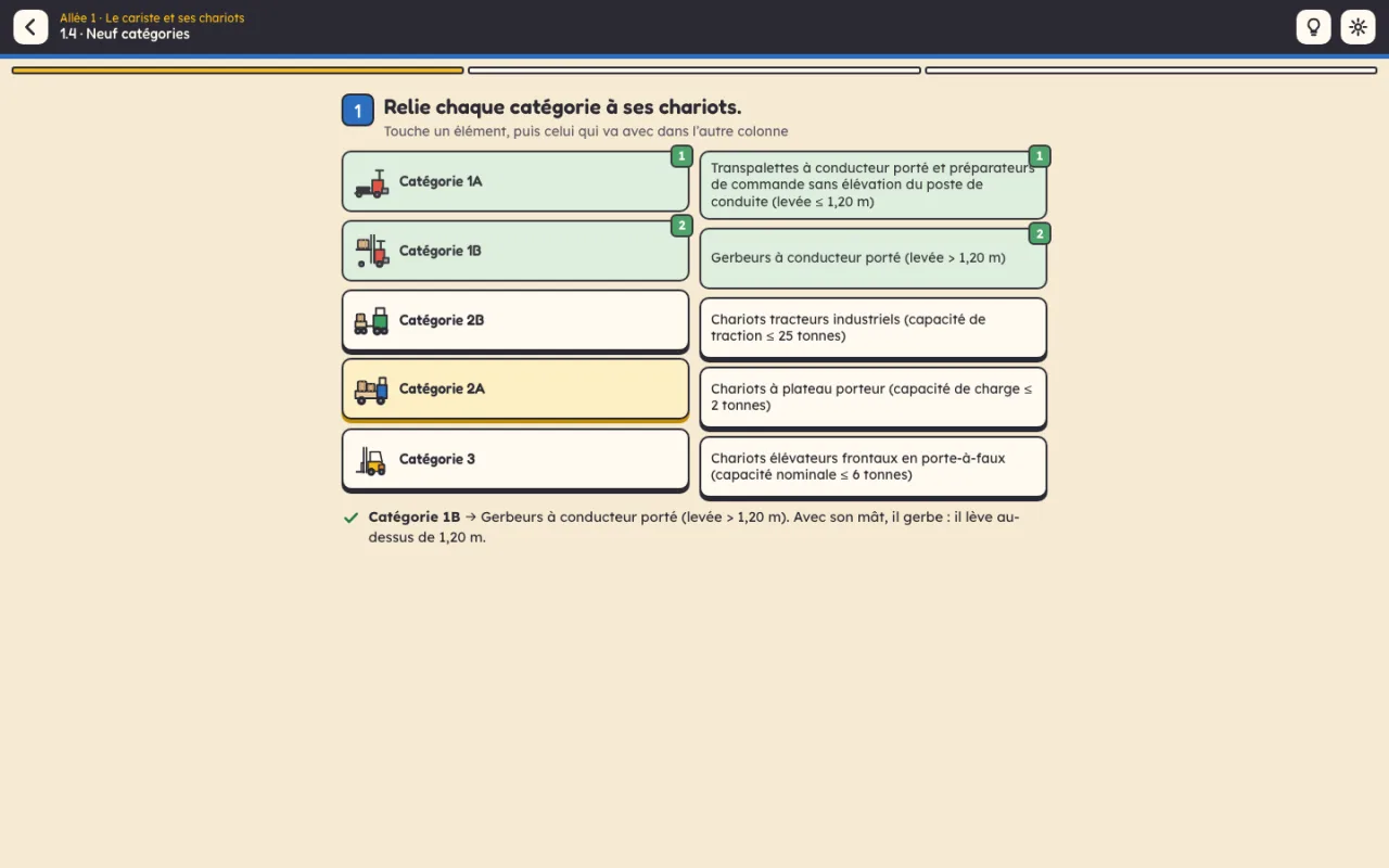 Niveau 1.4 « Neuf catégories » : cinq catégories de chariots à relier à leurs machines, deux paires déjà trouvées