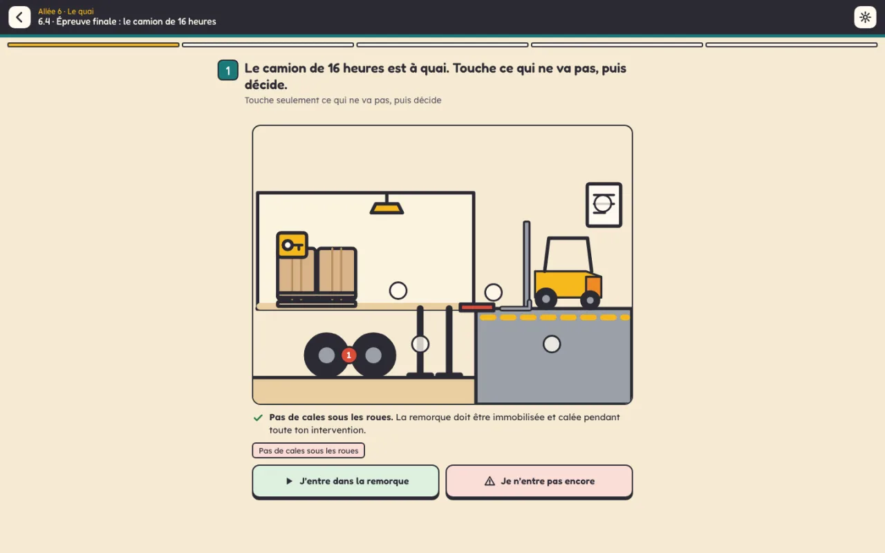 Première étape de l’épreuve finale : le camion est à quai, l’absence de cales sous les roues est trouvée, il reste à décider d’entrer ou non