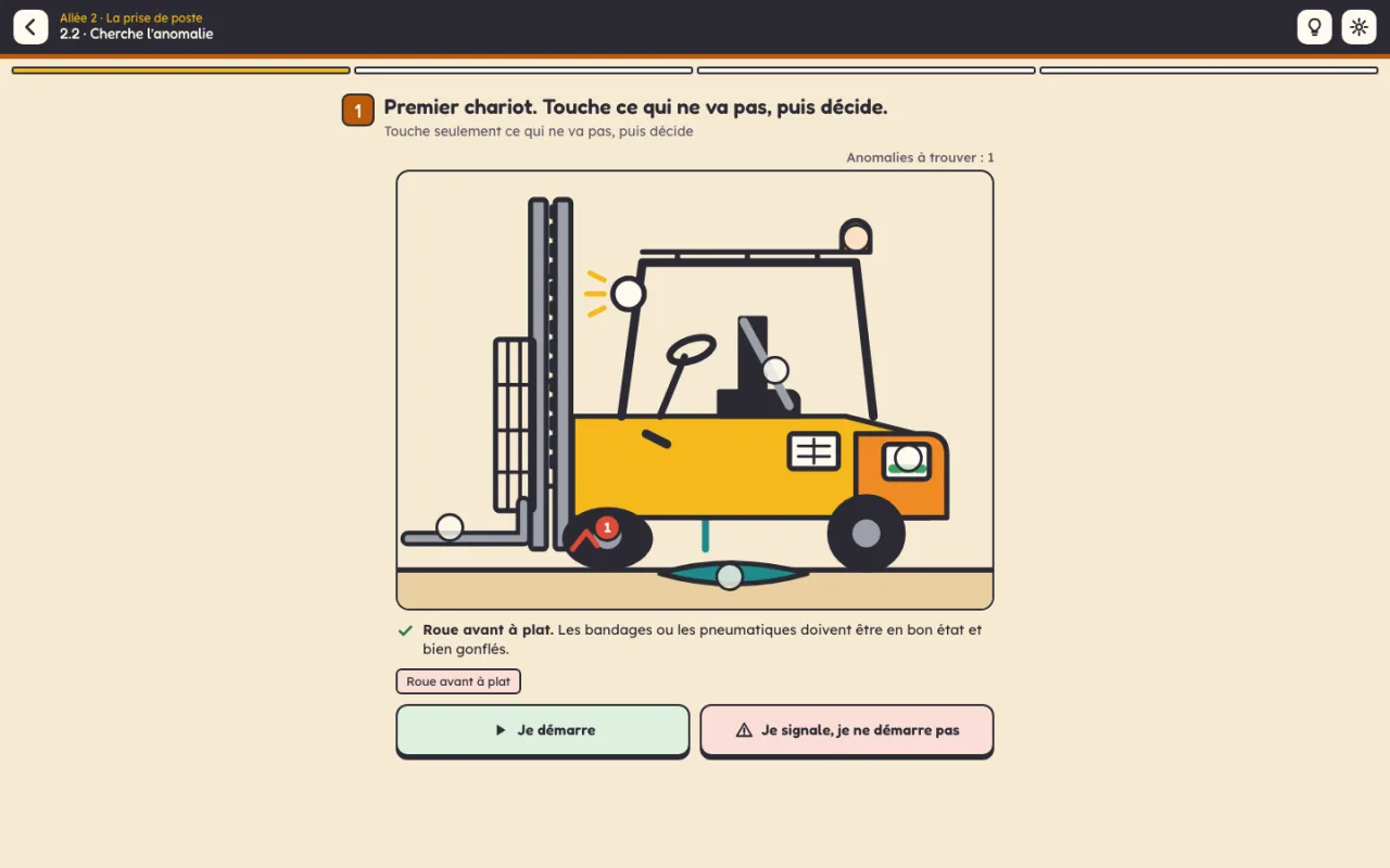 Niveau 2.2 « Cherche l’anomalie » : un chariot dessiné avec ses cercles, la roue avant à plat est trouvée, et les deux décisions possibles