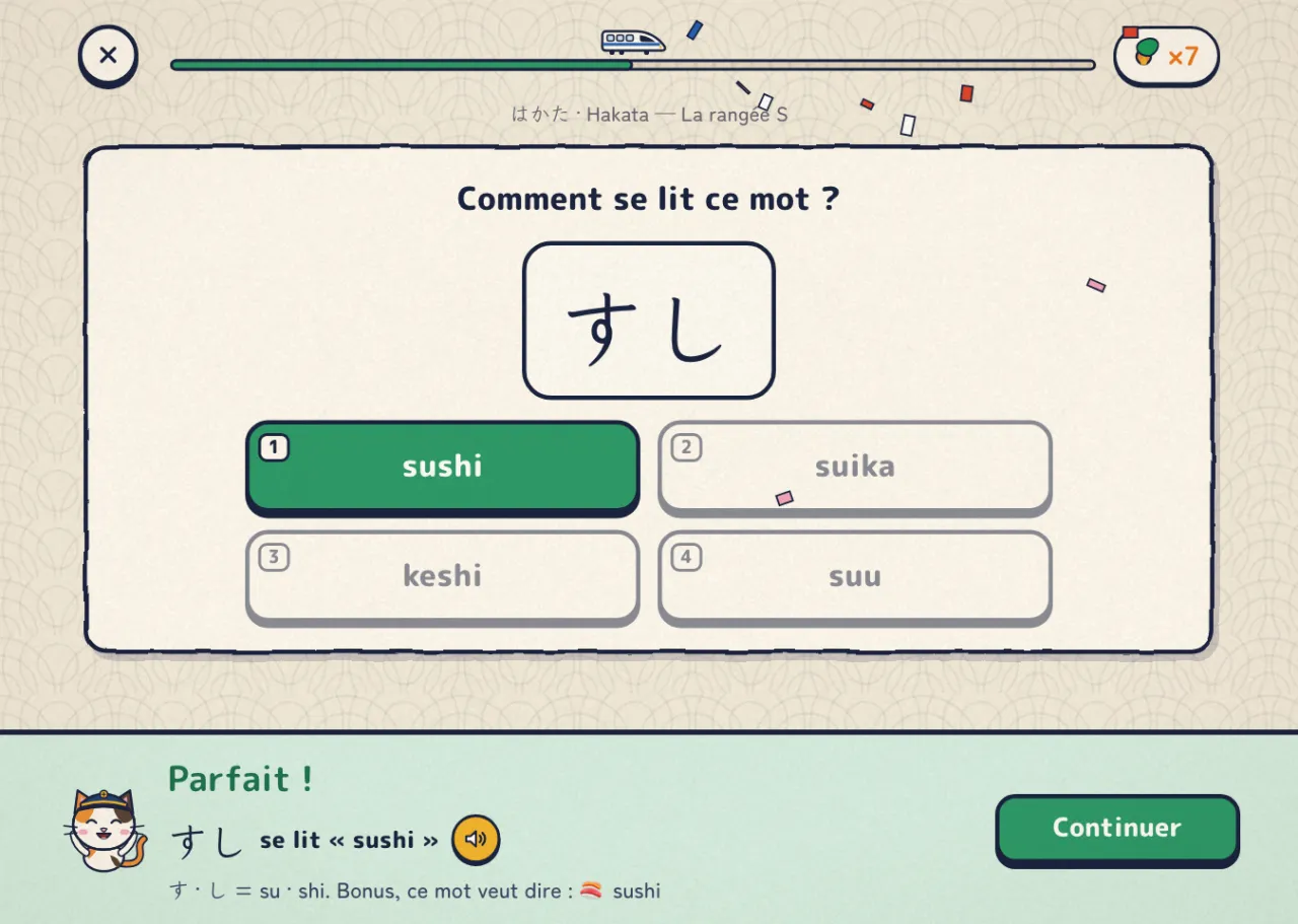 Gare 3 : すし se lit sushi, et le bonus donne le sens du mot
