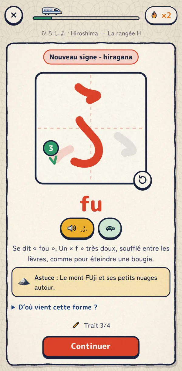 Sur téléphone : la carte du hiragana ふ, à tracer au doigt