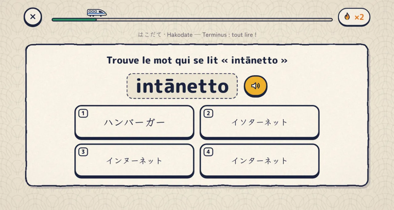 Gare 24 : trouver le mot qui se lit intānetto parmi quatre mots en katakana qui se ressemblent