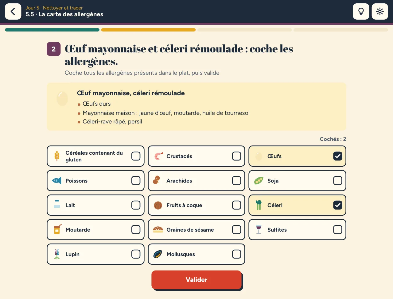 Niveau 5.5 « La carte des allergènes » : œuf mayonnaise et céleri rémoulade, les quatorze allergènes, deux sont cochés